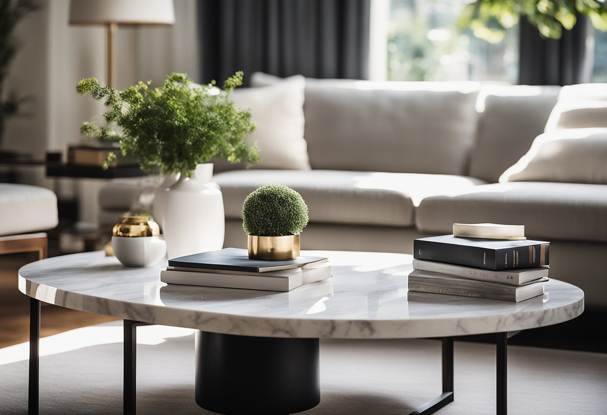 A marble coffee table sits in a modern living room, adorned with a sleek vase and a stack of art books. The sunlight streams in, casting a soft glow on the smooth, white surface