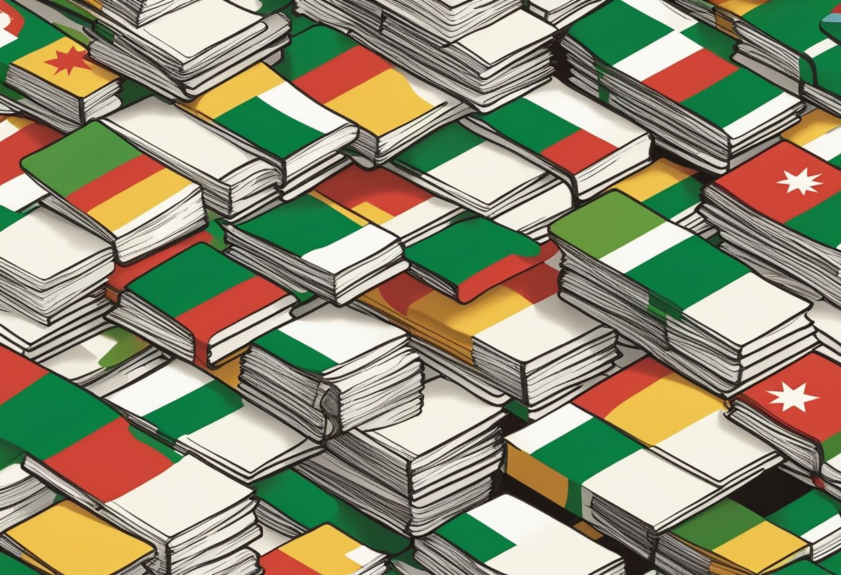 A colorful array of Bulgarian flags and traditional symbols surround a stack of baby name books, with a pencil and notebook ready for brainstorming