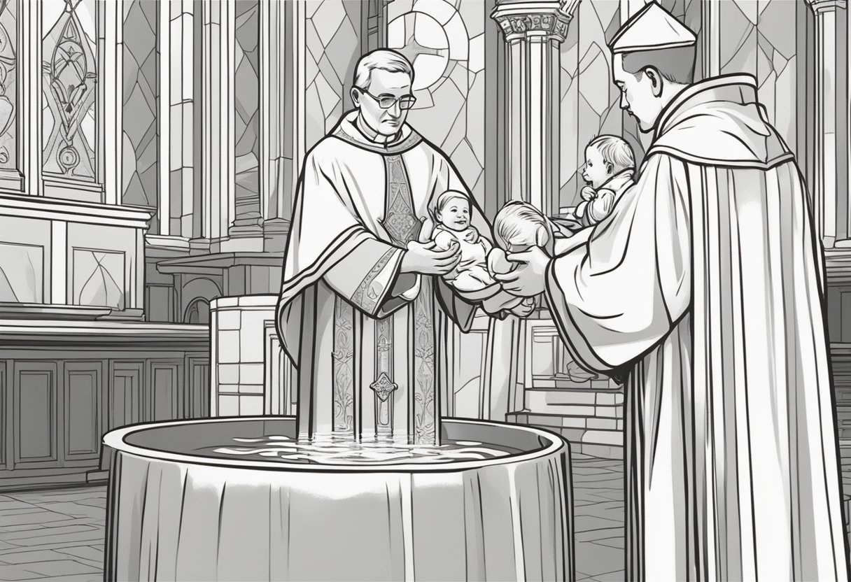 A Catholic priest baptizing a baby with holy water in a church