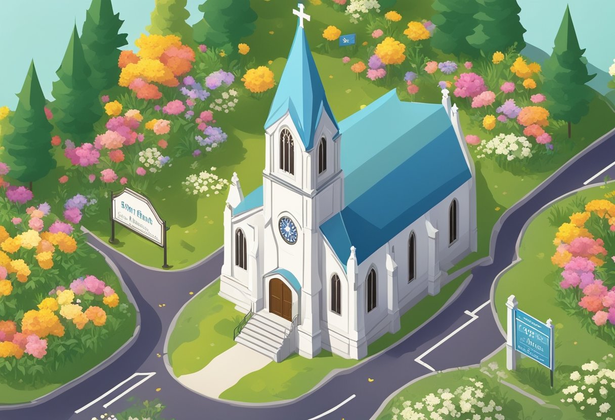 A church with a sign reading "Best Names baby names catholic" surrounded by colorful flowers and a peaceful atmosphere