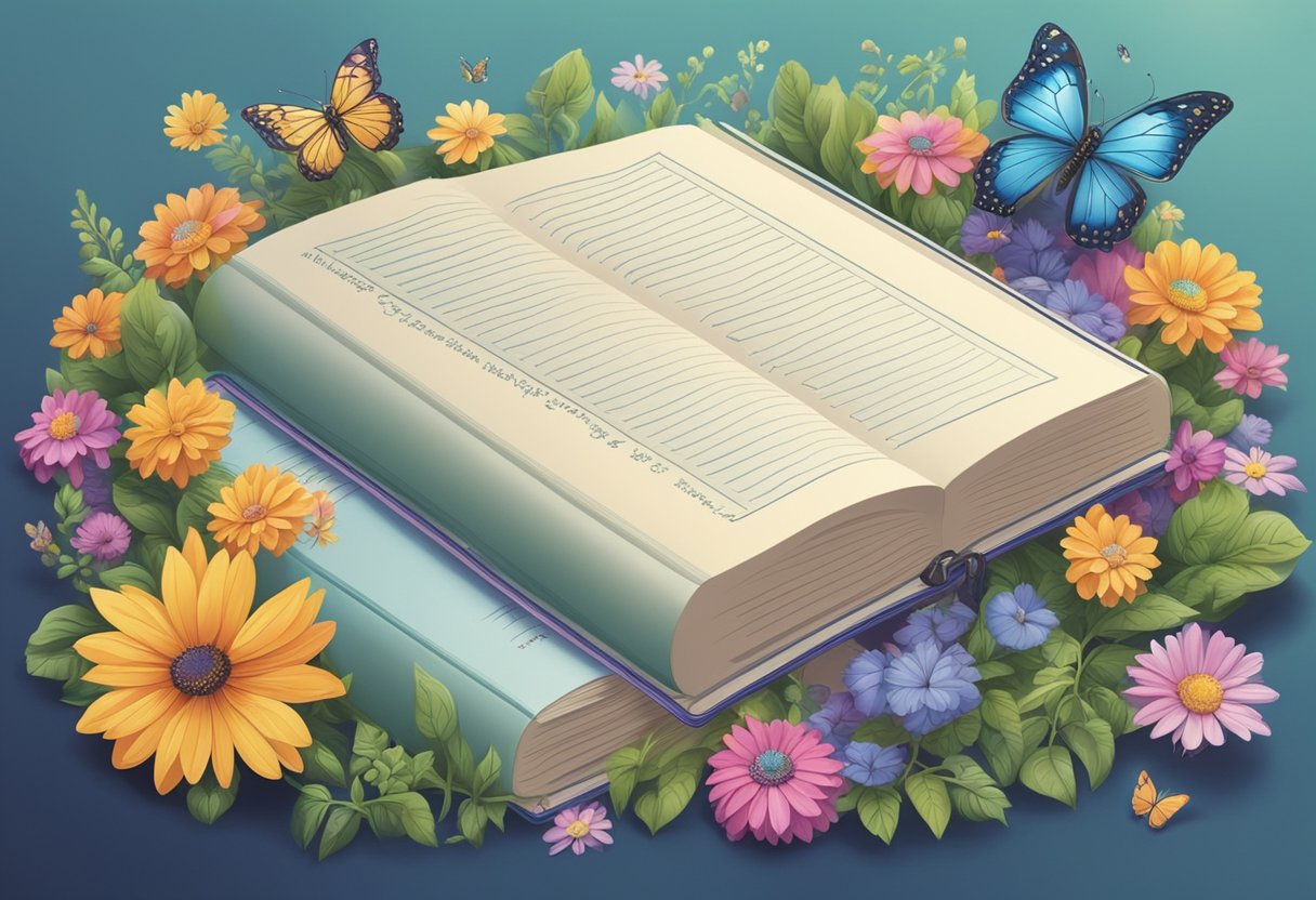 A baby name book surrounded by colorful flowers and butterflies