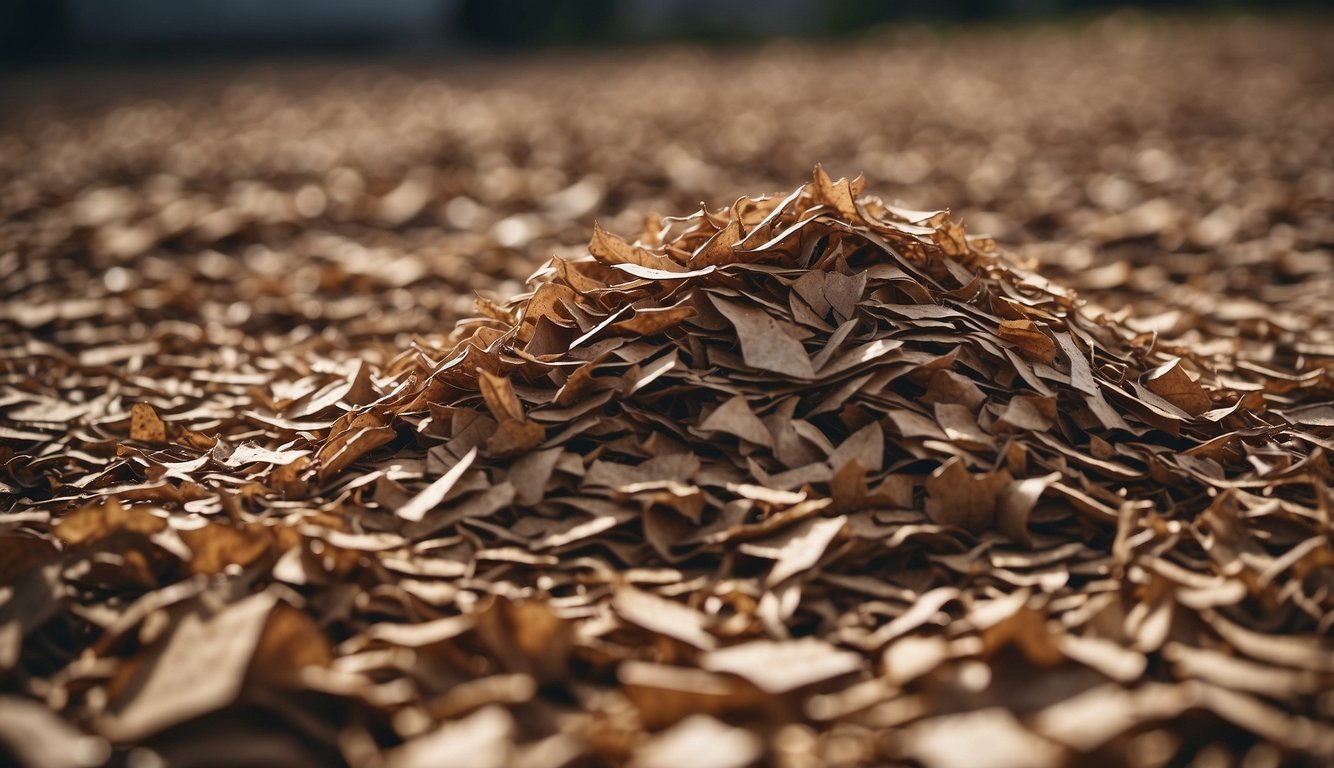 Cardboard pieces spread on ground, shredded mulch piled nearby