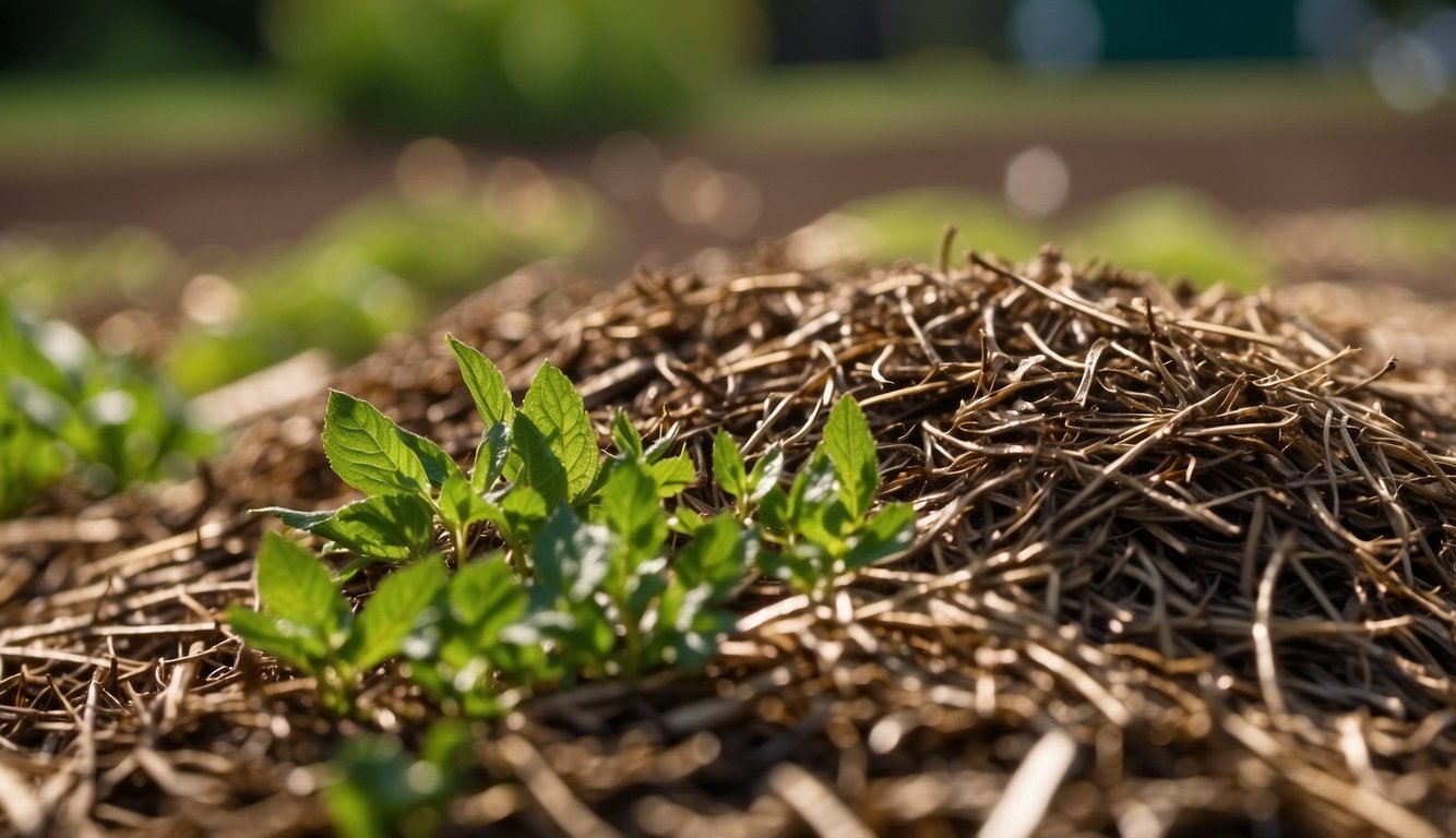 Shredded cardboard mulch covers the ground, reducing weed growth and retaining moisture. It promotes sustainability by repurposing waste material for environmental impact