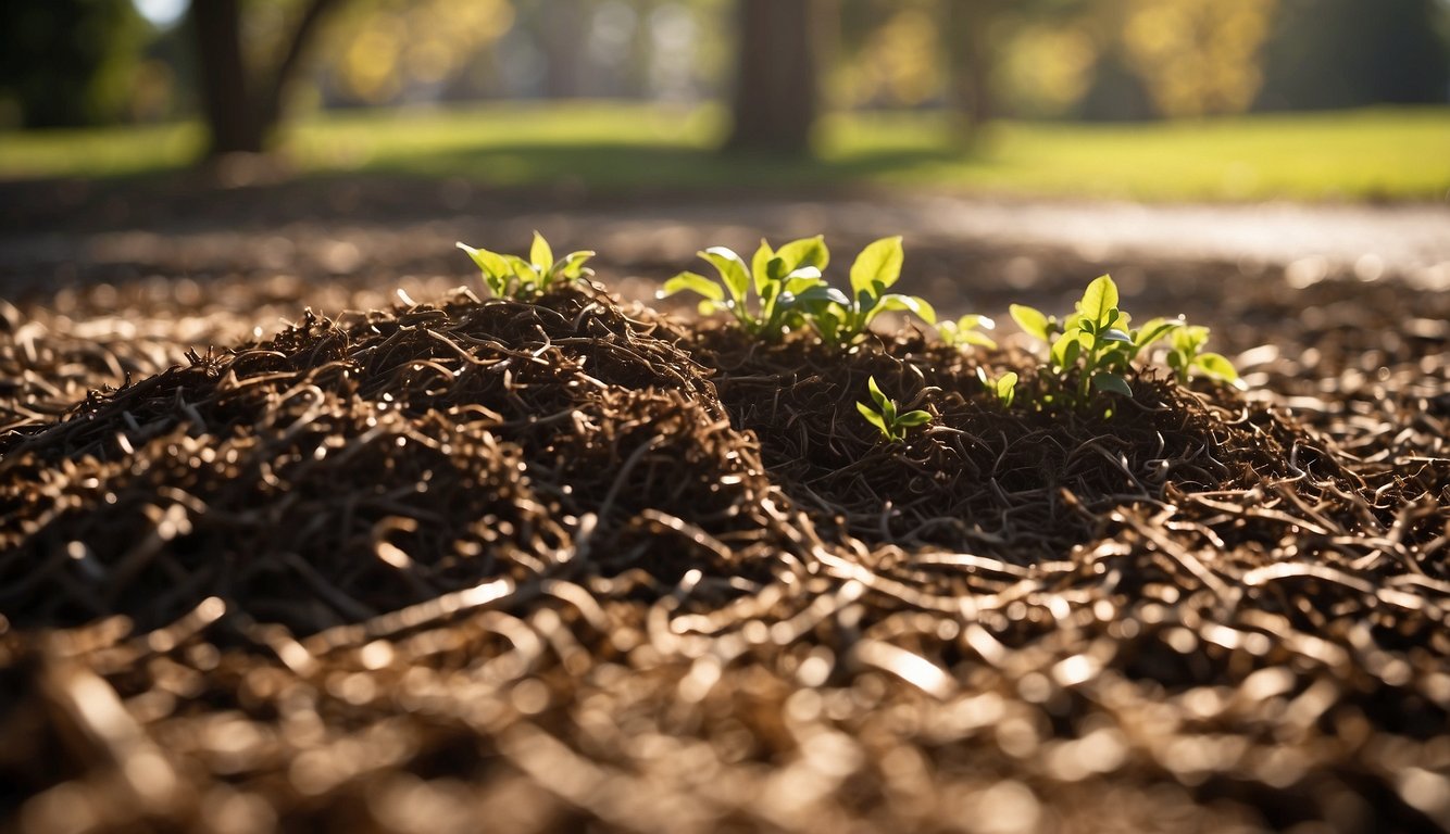 Shredded cardboard mulch covers the soil, creating a protective layer. Sunlight filters through the trees, casting dappled shadows on the ground. A garden hose lies nearby, ready for watering