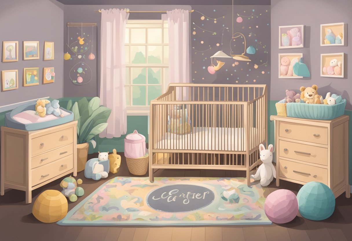 A nursery with "Carter" written on a chalkboard, surrounded by soft pastel colors and baby items like a crib, rattles, and stuffed animals