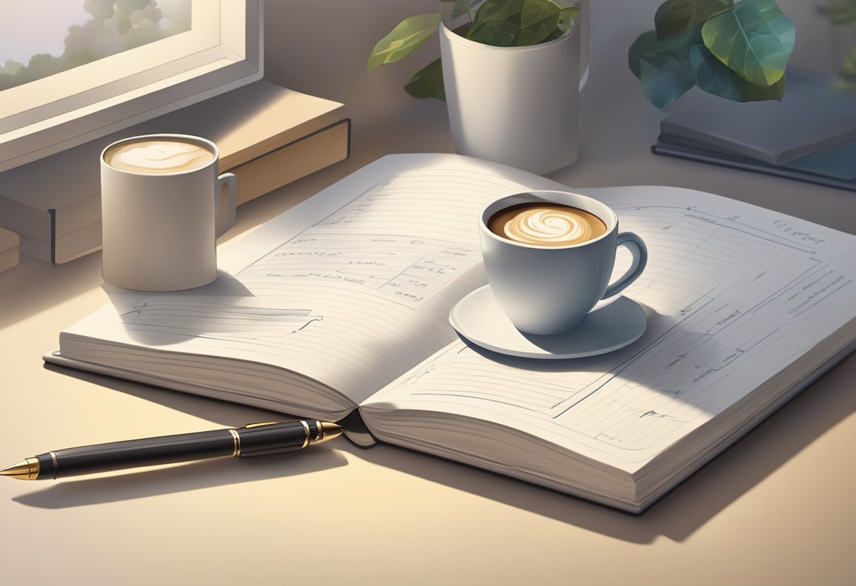 A notebook filled with baby name lists, a pen hovering over the page, and a cup of coffee nearby