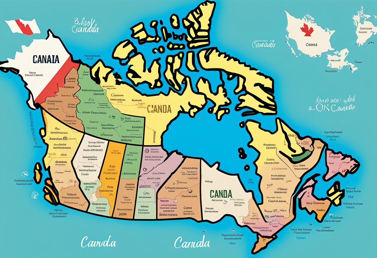 A map of Canada with various baby names written in different fonts and colors