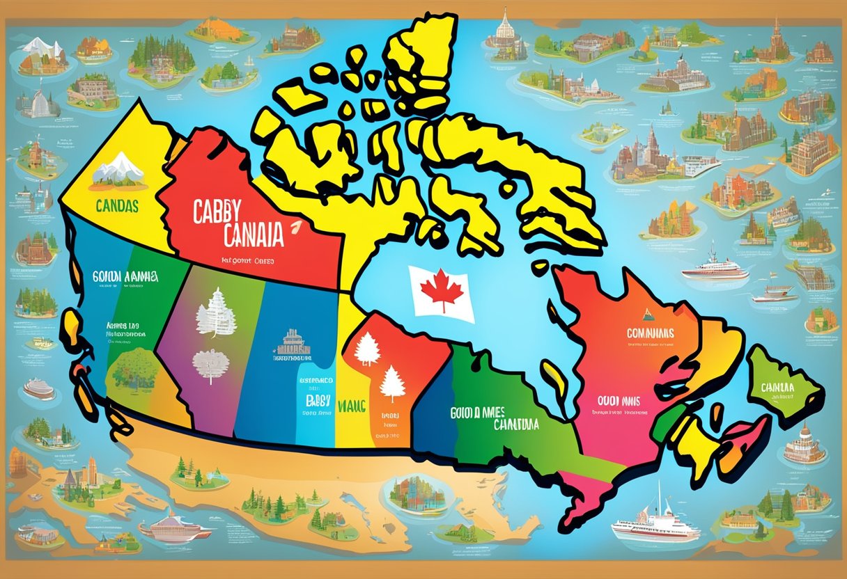 A colorful map of Canada with the words "Good Names baby names canada" written in bold, playful lettering across the top