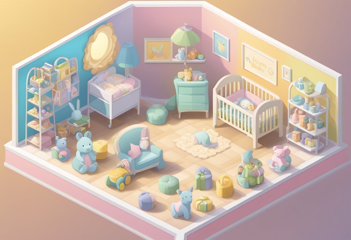 A nursery with a sign reading "Welcome Baby Carson" surrounded by soft pastel colors and toys