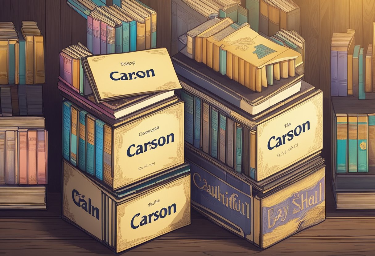 A collection of baby name books stacked on a wooden table, with the name "Carson" highlighted in bold letters on the cover of one book