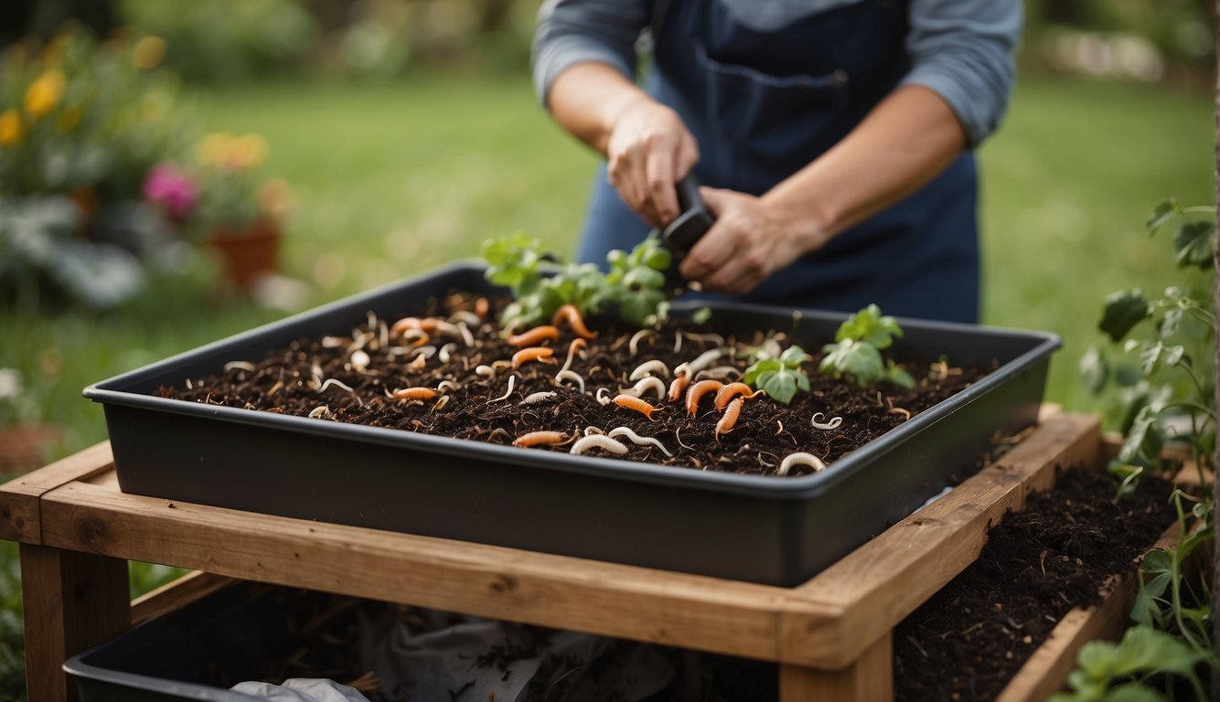 A person pours food scraps into a DIY worm bin, with worms wriggling through the compost. The bin is set on a wooden platform, surrounded by gardening tools