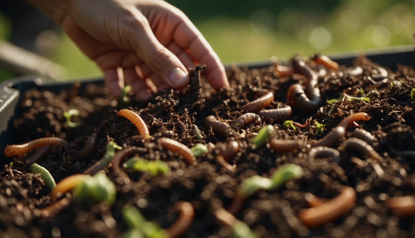 Worms wriggle through compost, breaking down organic matter. A person harvests nutrient-rich vermicompost from a DIY worm bin