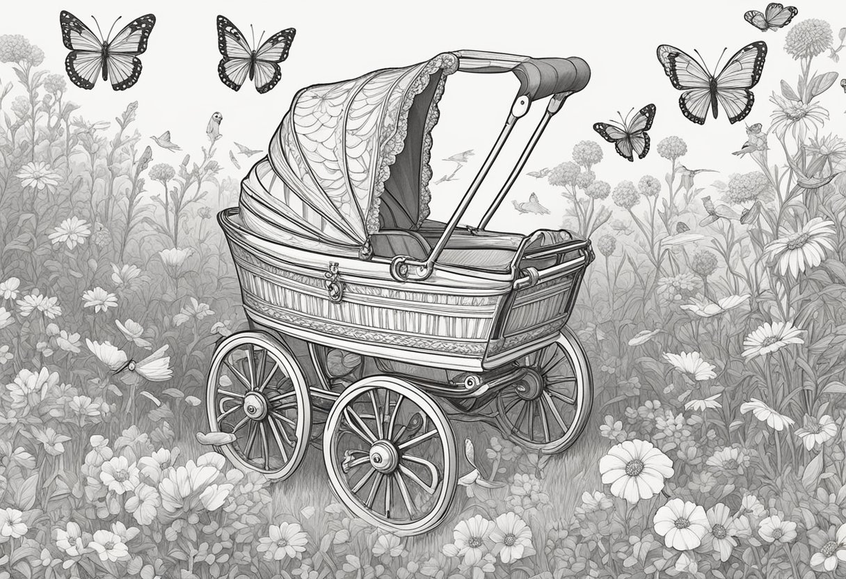 A baby carriage sits in a field of wildflowers, surrounded by fluttering butterflies and chirping birds