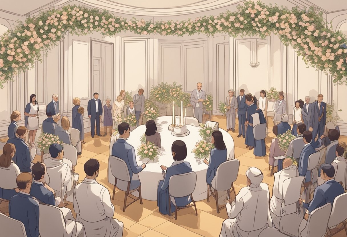 A group of people gather in a decorated room for a baby names ceremony, with a table adorned with flowers and a book for writing down the chosen names