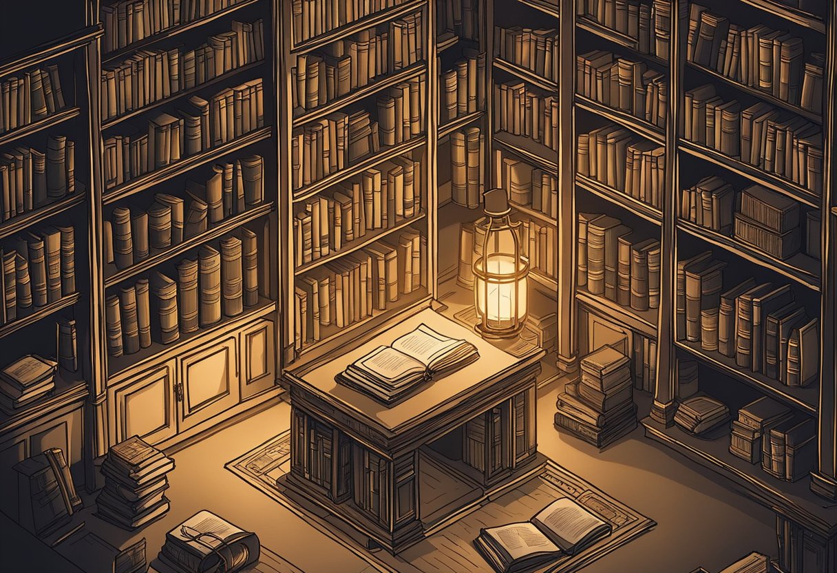 A cozy library with shelves of ancient books, a desk scattered with papers, and a flickering candle casting a warm glow