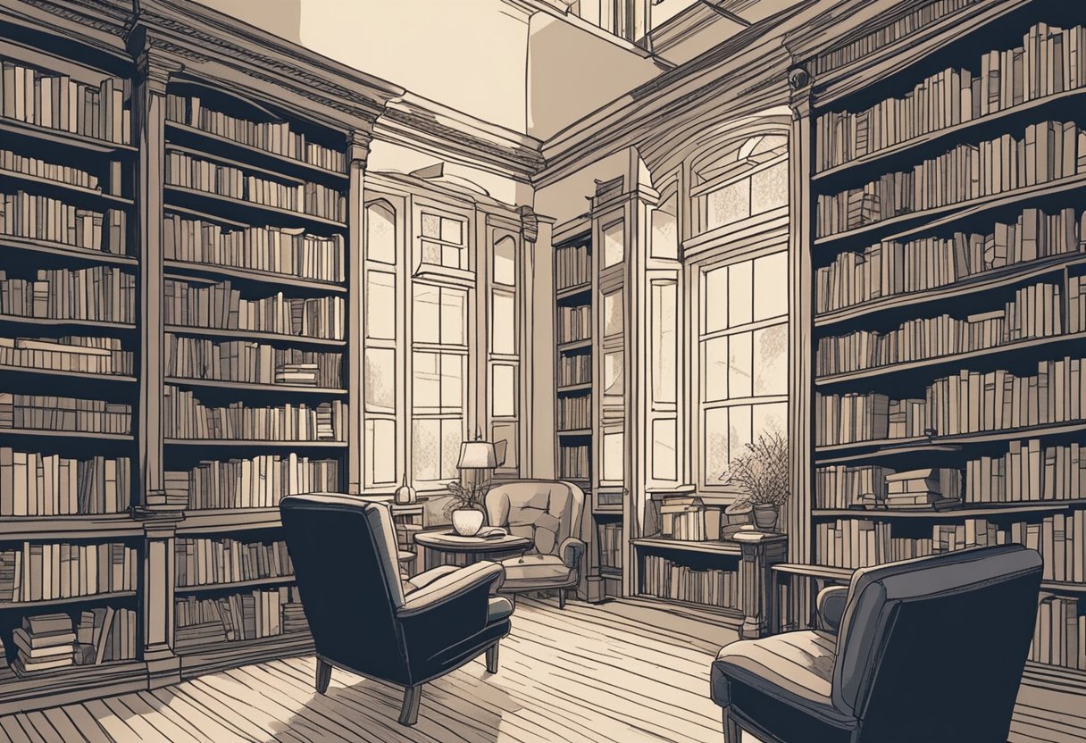 A cozy library with shelves of books, a crackling fireplace, and a comfortable armchair for reading
