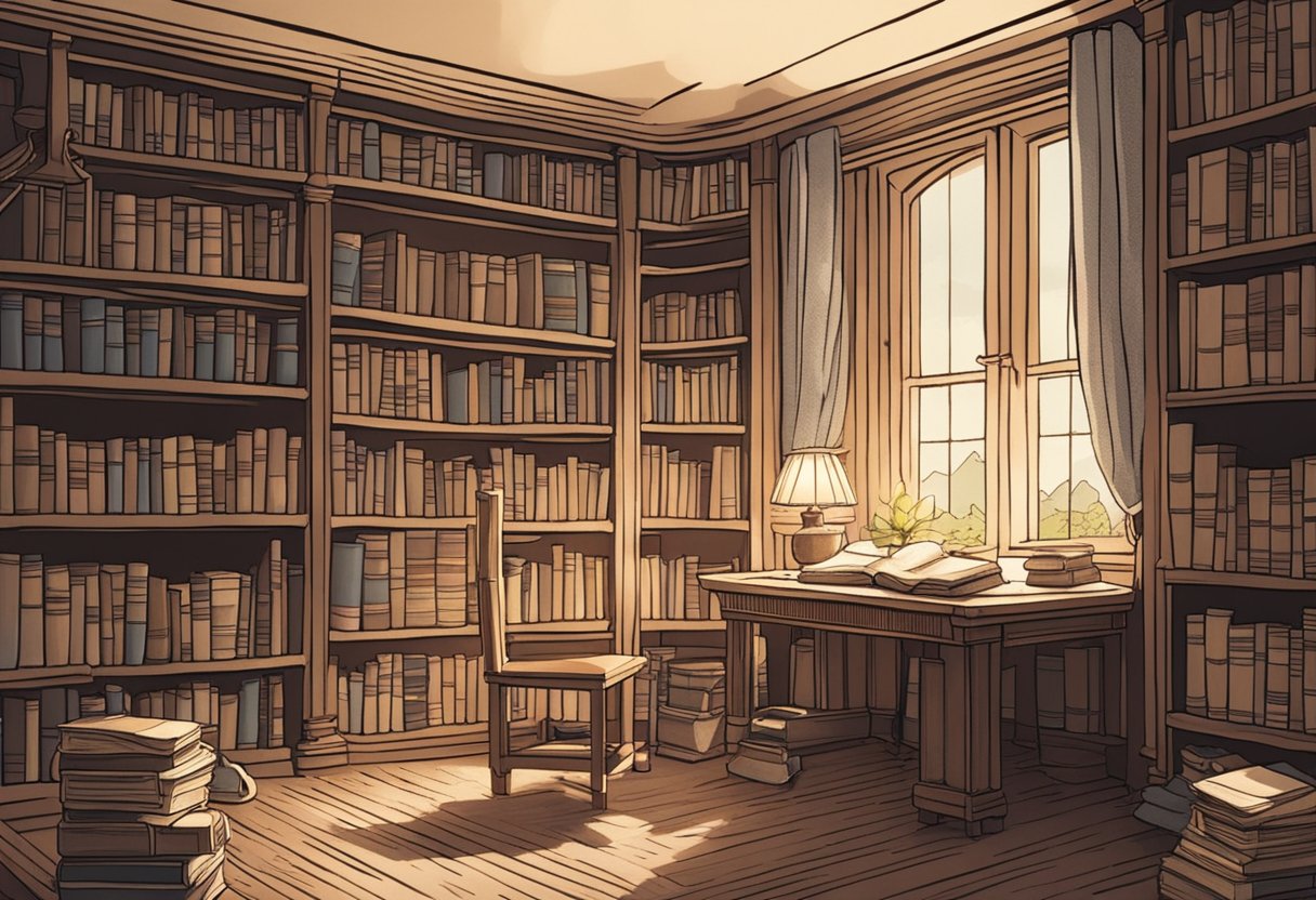 A cozy library with shelves of old books, a desk scattered with papers, and a cup of tea. A window lets in soft light, illuminating a list of Celtic baby girl names