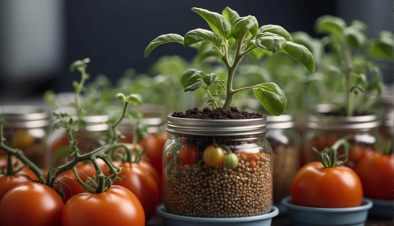 A ripe tomato with sprouting seeds, surrounded by storage containers and preventive measures