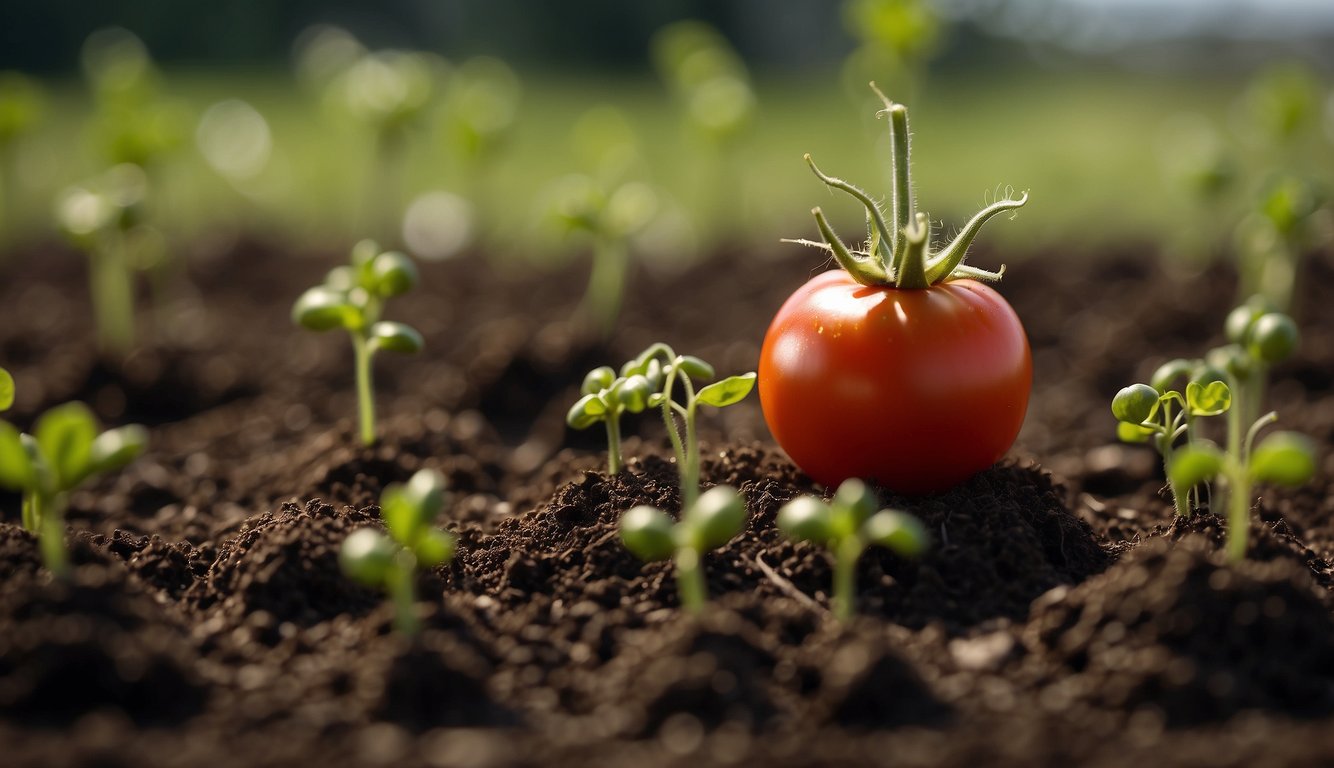 A tomato with sprouting seeds sits on fertile soil, surrounded by small seedlings emerging from the ground