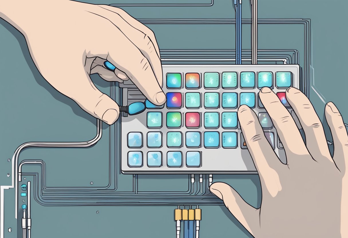 A hand presses down on an Arduino membrane switch module, activating the tactile buttons and LED indicators