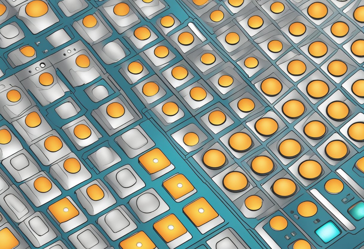 A close-up of an Arduino membrane switch module with LED indicators and tactile buttons arranged in a grid pattern
