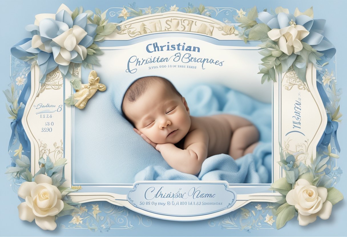 A baby boy's name, Christian, is written in bold, elegant script on a birth certificate, surrounded by soft blue and white baby-themed decorations