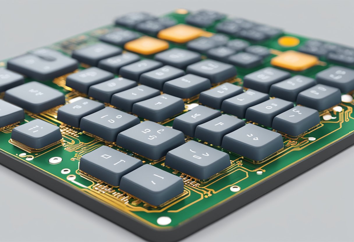 A 4x3 membrane keypad with raised buttons arranged in a grid pattern, connected to a circuit board with thin, flexible ribbon cables
