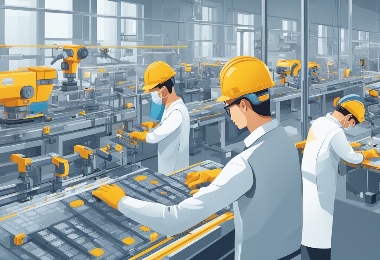 Machines assembling membrane switches in a clean, well-lit factory. Materials and tools neatly organized on workbenches. Workers in uniforms monitoring the production line