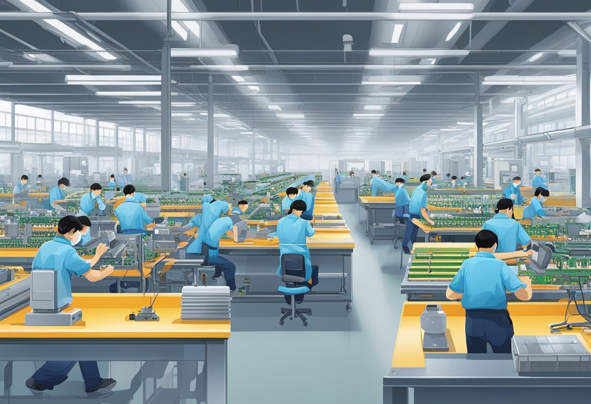 A bustling factory floor in Cixi, China, with workers assembling high-quality membrane switches for various industrial applications. The sound of machinery fills the air as the skilled workers meticulously craft each component