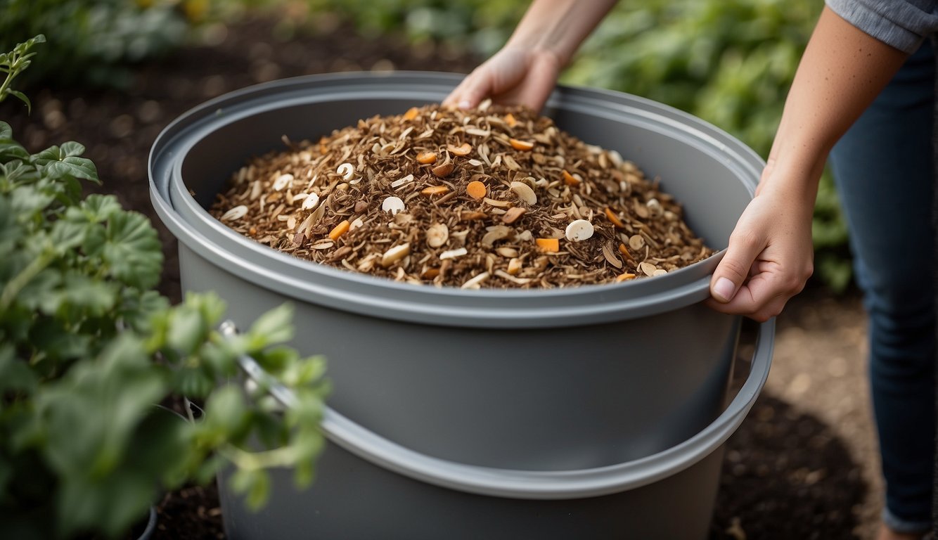 Bokashi being added to a compost bin in a garden, with a mix of food scraps and bokashi bran being layered into the bin