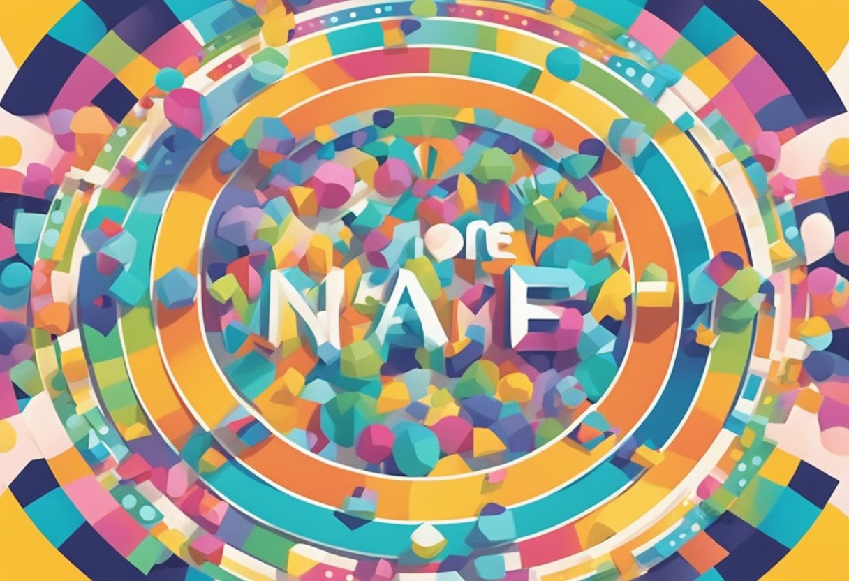 A circle sign with "More Name Ideas" in bold letters, surrounded by playful and colorful baby names in a circular pattern