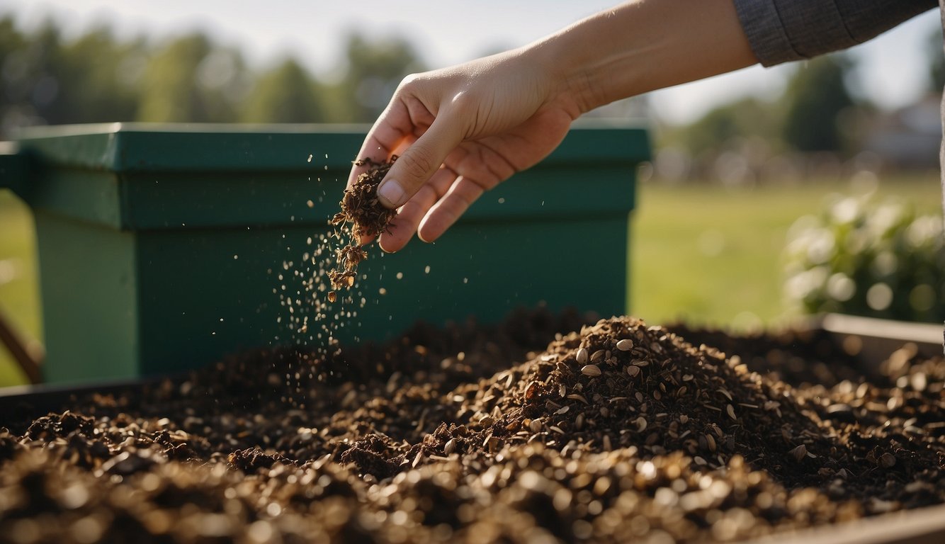 Bokashi being sprinkled onto a compost bin, enriching the soil with beneficial microbes and accelerating the decomposition process