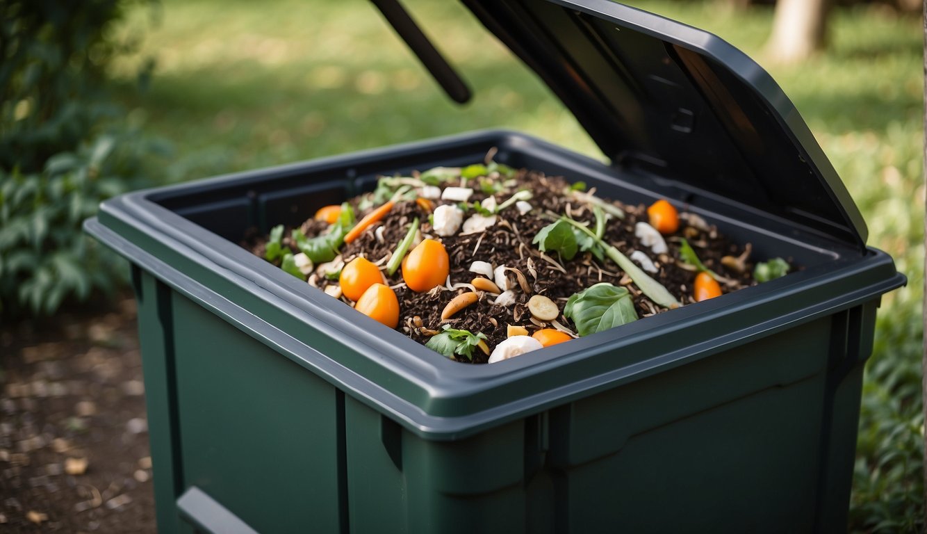 Bokashi added to compost bin, various waste types visible. Bin lid open