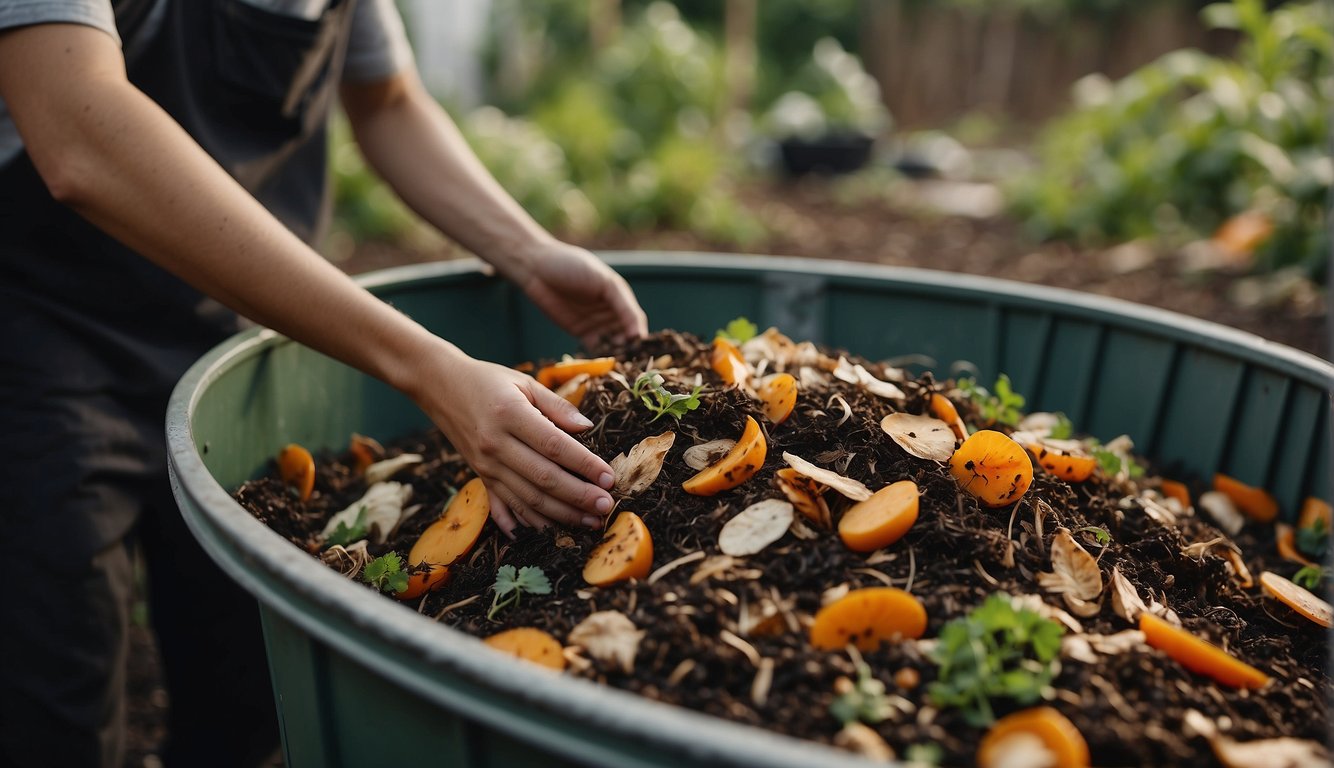 Bokashi being added to a compost bin with a mix of food scraps and organic material, creating a rich and fertile environment for decomposition