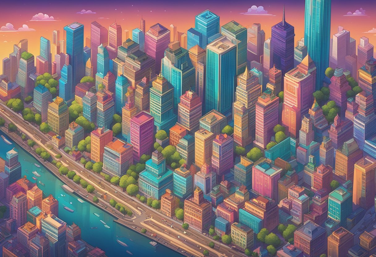 A bustling city skyline with baby girl names in bold, vibrant colors floating above the buildings