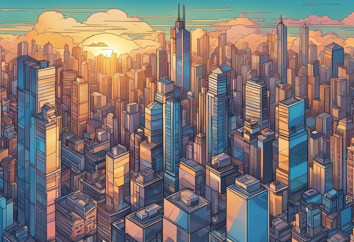 A bustling city skyline at sunset, with vibrant colors reflecting off the buildings and a sense of energy and excitement in the air