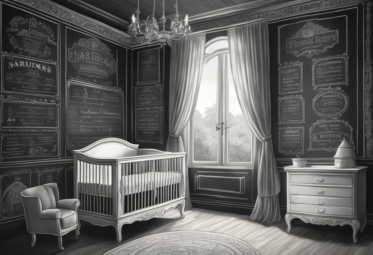 A vintage French nursery with classic baby names displayed on a chalkboard