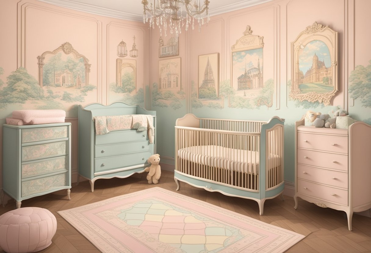 A vintage French-themed nursery with classic baby names displayed on a wall, surrounded by elegant decor and soft pastel colors
