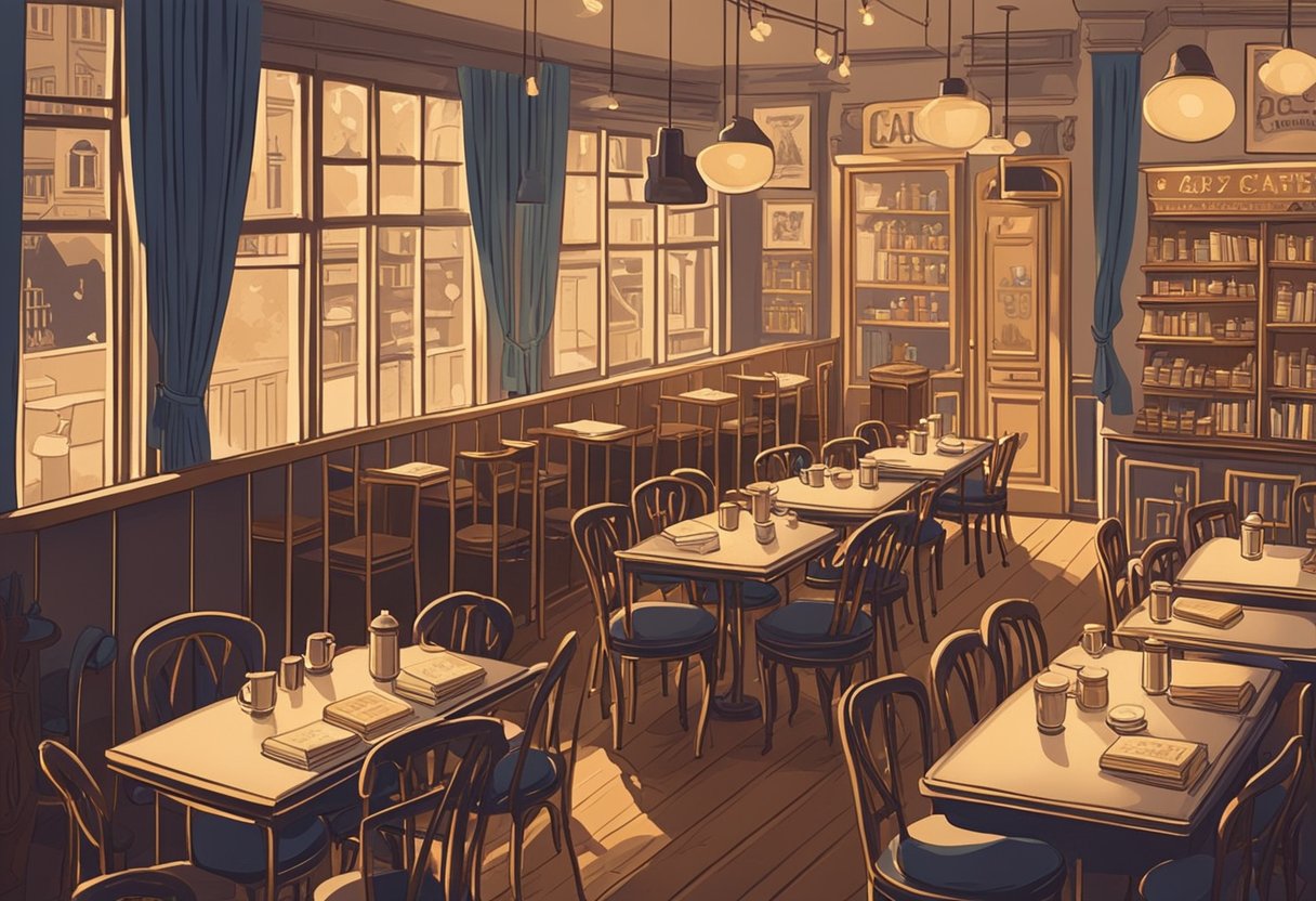 A vintage French café with classic baby name books on tables. French music plays in the background, creating a cozy and nostalgic atmosphere