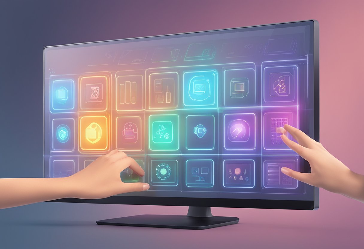 A hand hovers over a sleek, flat panel, fingers poised to tap. The panel glows softly, displaying a grid of icons and buttons