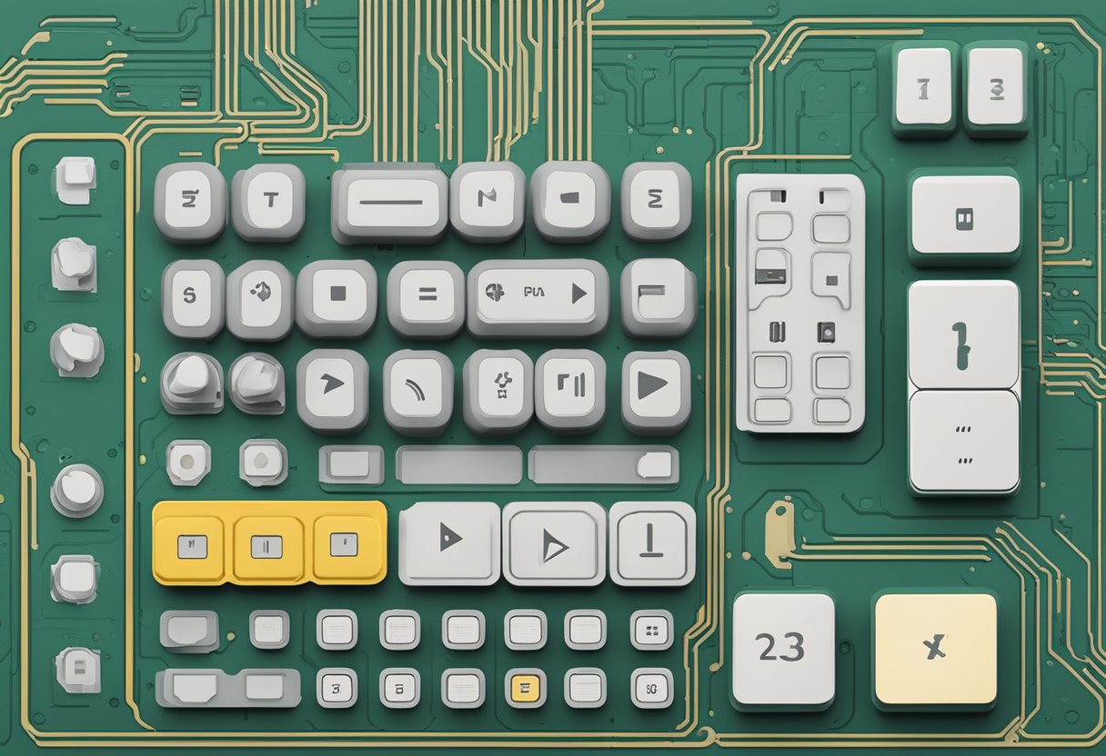 Rubber keypad membrane switches lay flat on a circuit board, with raised buttons and conductive pads underneath