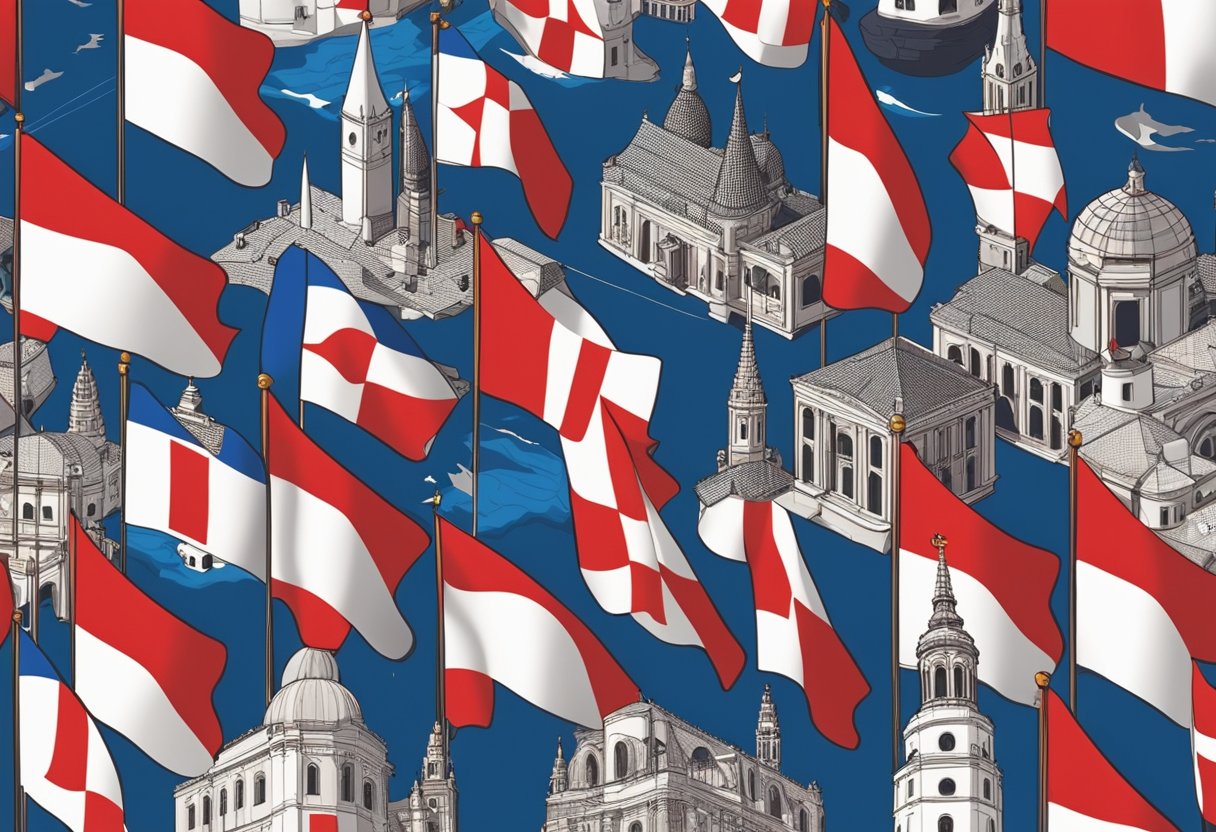 A colorful array of Croatian flags fluttering in the breeze, surrounded by traditional Croatian symbols and landmarks