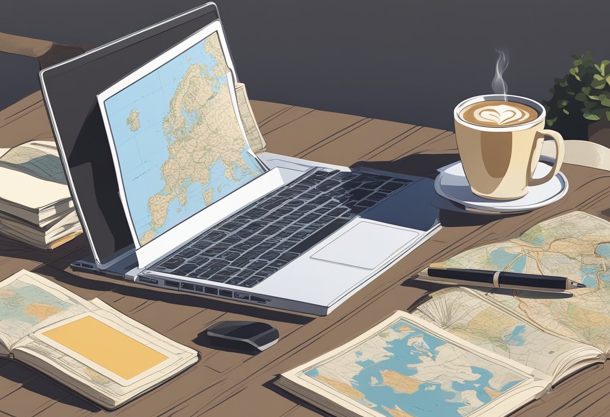 A table with a laptop, notebook, and pen. A cup of coffee sits nearby. A stack of baby name books and a map of Croatia are spread out