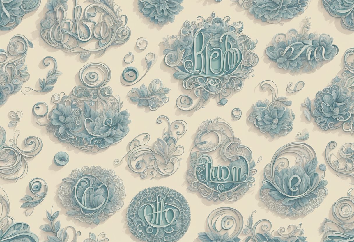 A delicate cursive script spells out a list of baby names, adorned with playful swirls and loops