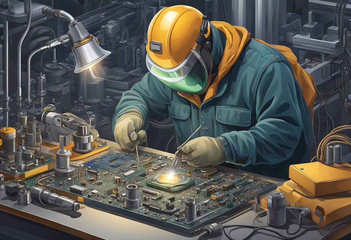 A technician welds metal domes onto a circuit board, surrounded by tools and machinery