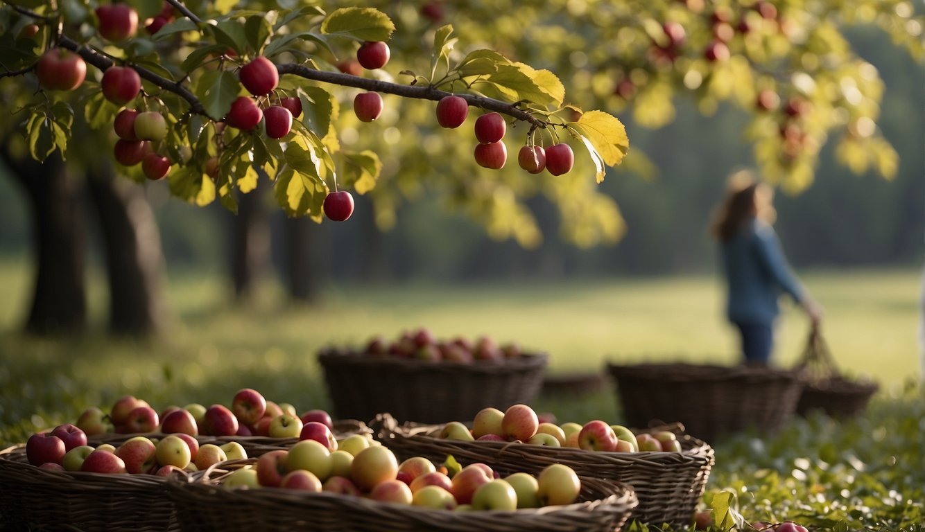 Ripe crab apples hang from branches, surrounded by fallen fruit. A person reaches for one, while others gather in baskets