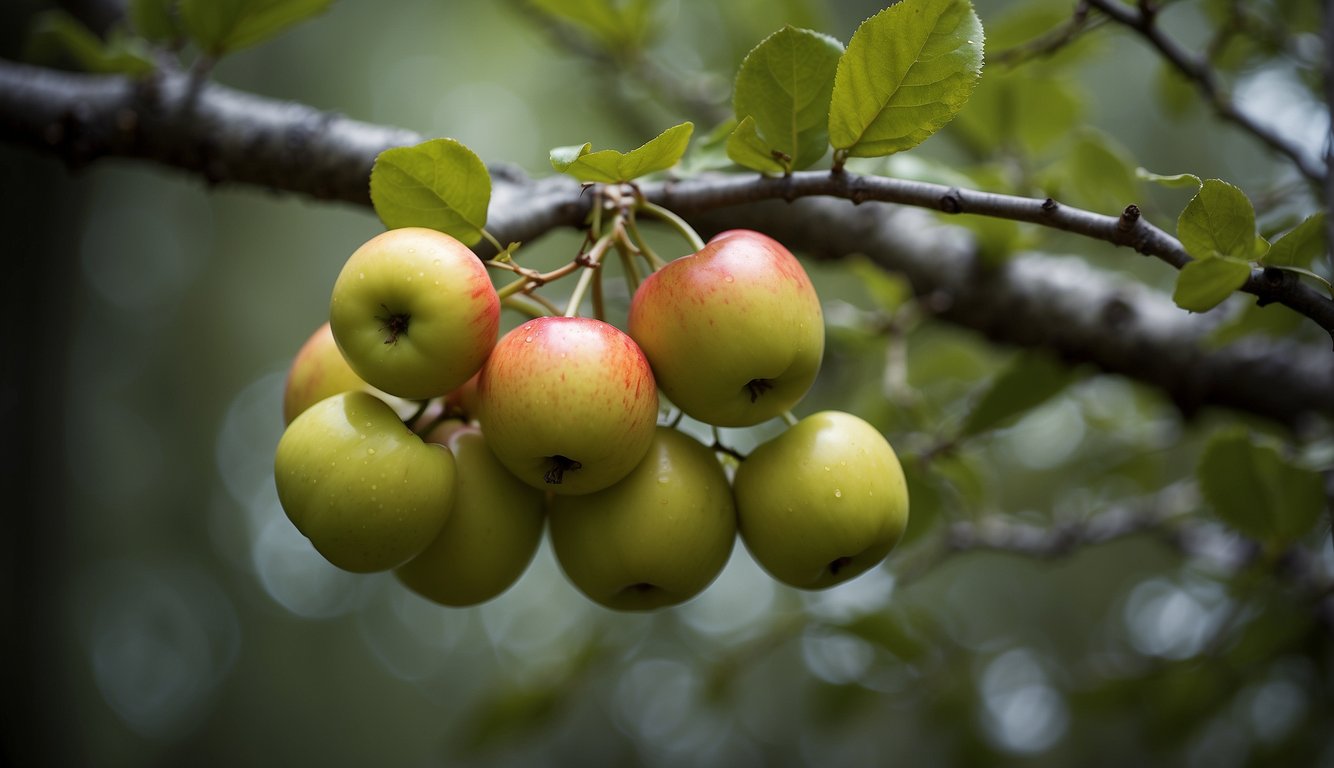 Crab apples hang from tree branches in a forest. They are surrounded by various wildlife, indicating their role in the ecosystem