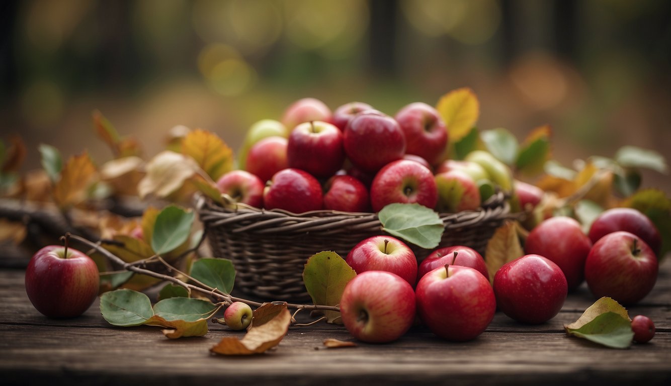 A pile of crab apples sits on a rustic wooden table, surrounded by fallen leaves and twigs. The apples are small, round, and a mix of red and green hues