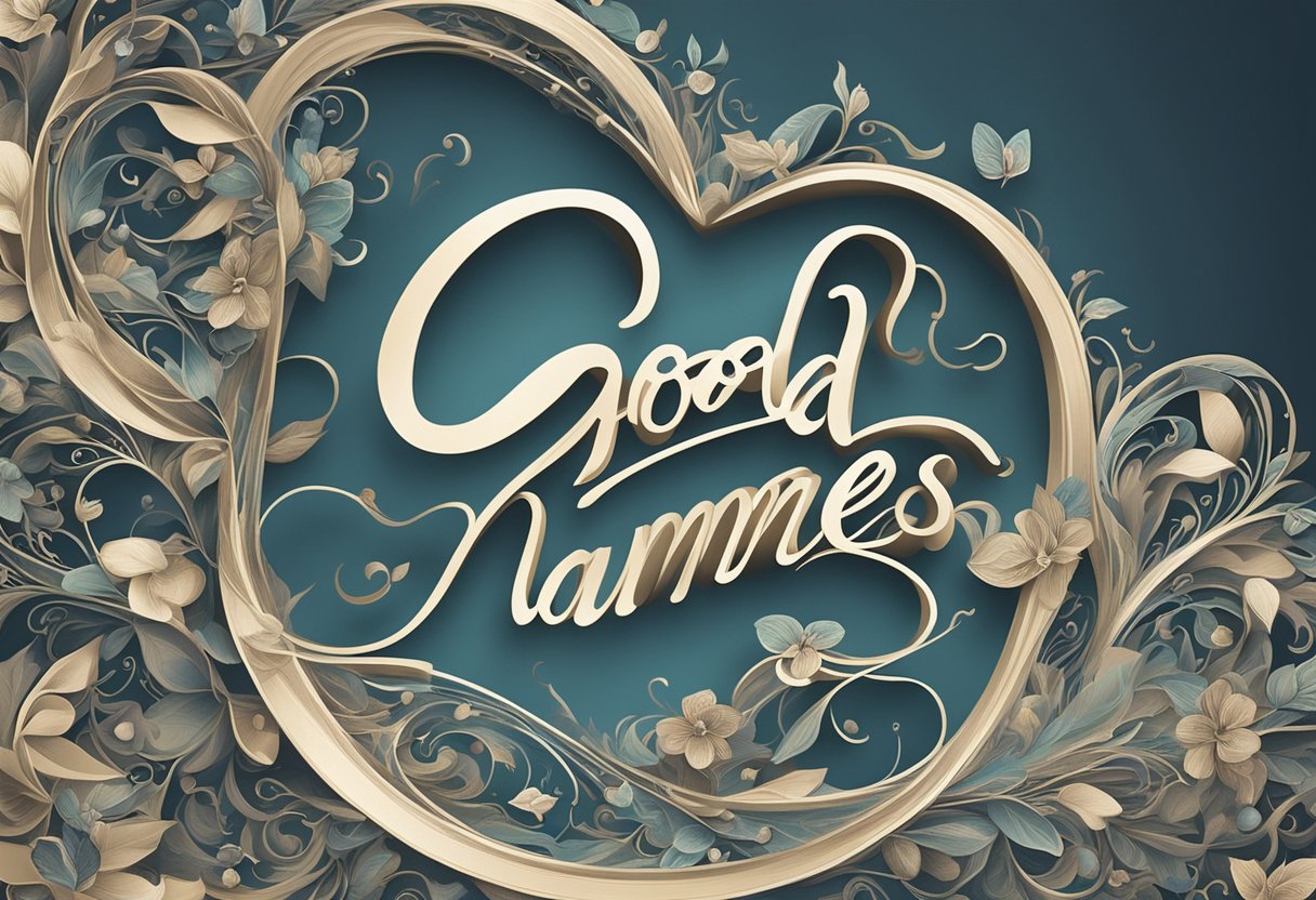 A swirling script of "Good Names" in cursive, surrounded by delicate baby names in various sizes and styles, creating a whimsical and elegant composition