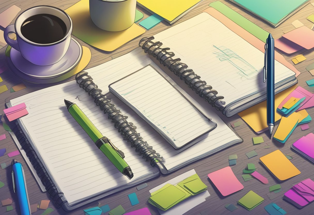 A table with a notebook and pen, surrounded by colorful name cards in cursive writing